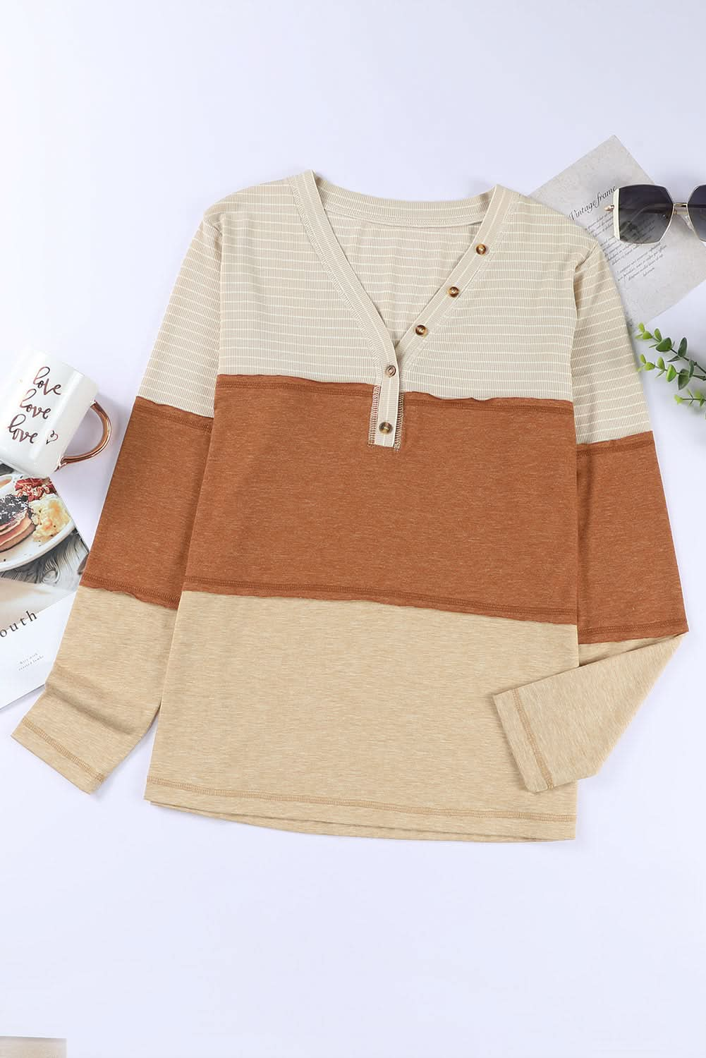 Vibrant Color Block V-Neck Long Sleeve Shirt