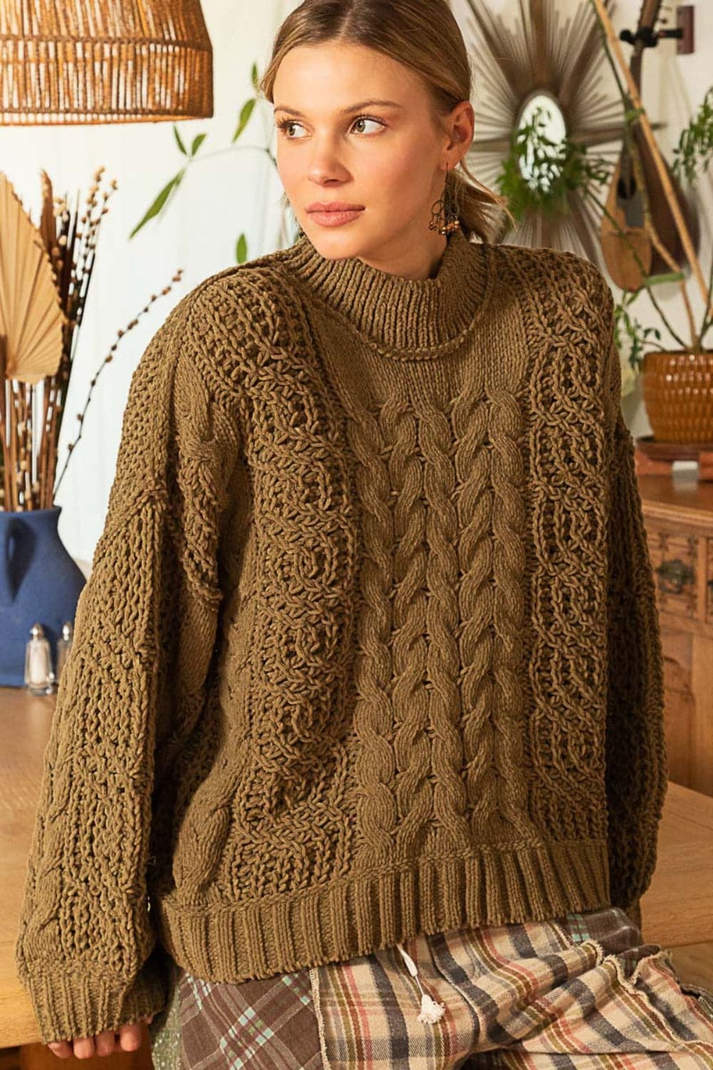 Cozy chenille mock neck cable knit sweater