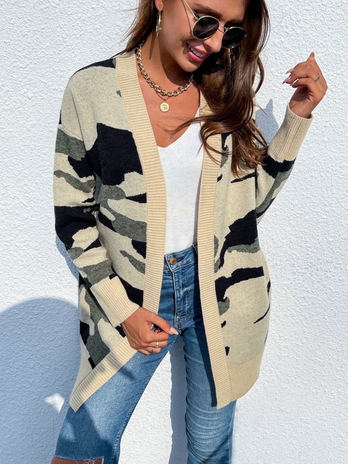 Camouflaged Dropped Shoulder Open Front Cardigan.