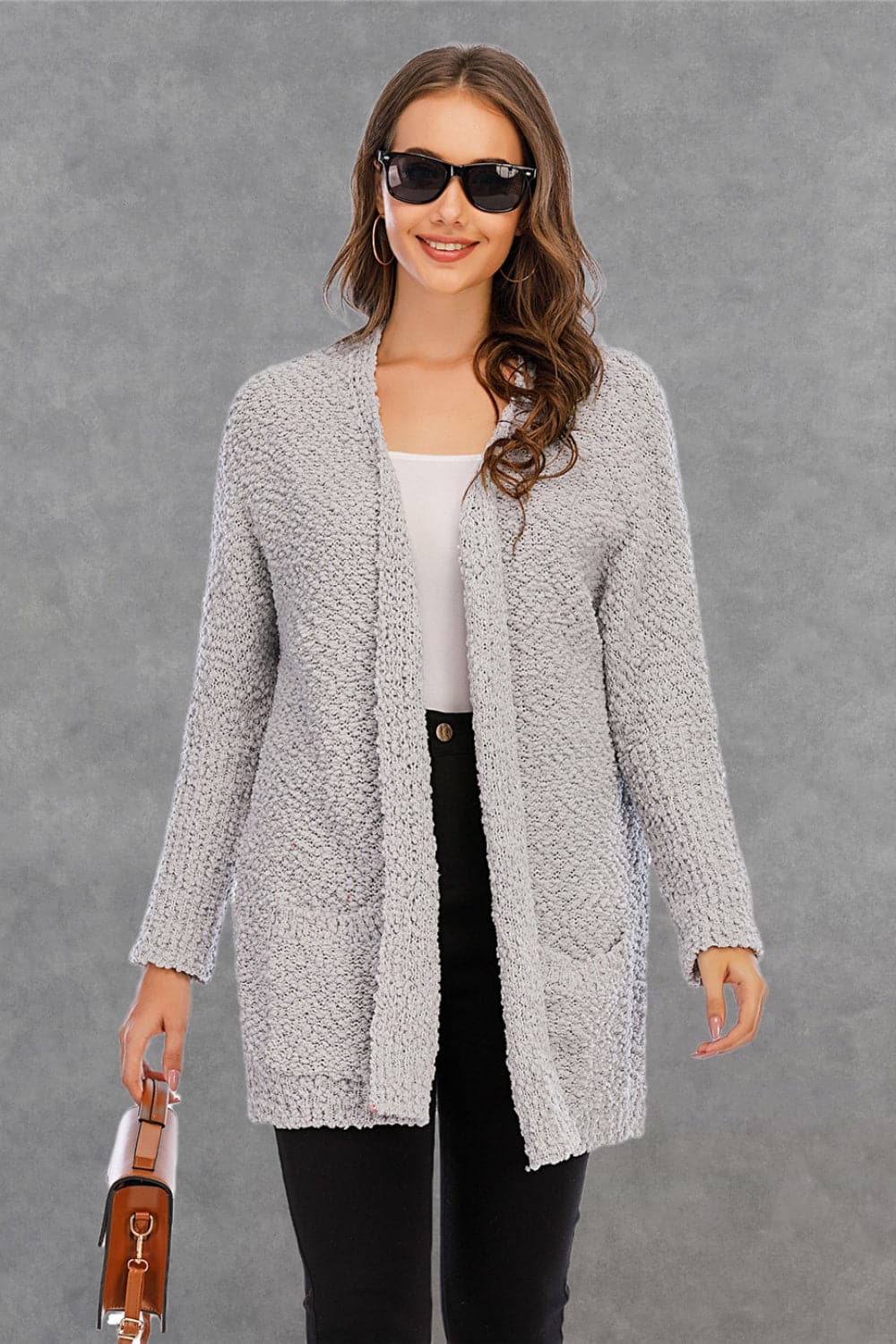 Pocketed Open Front Long Sleeve Cardigan.