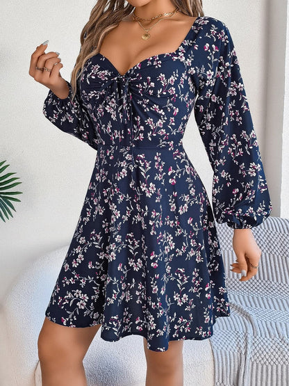 Printed Sweetheart Neck Balloon Sleeve Mini Dress.