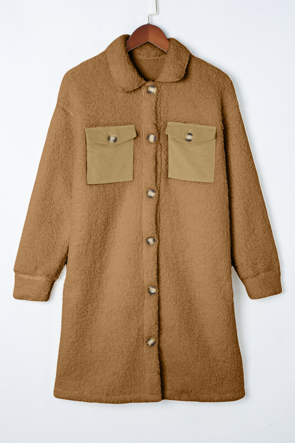 Khaki Single Breasted Teddy Coat with Contrast Flap Pockets