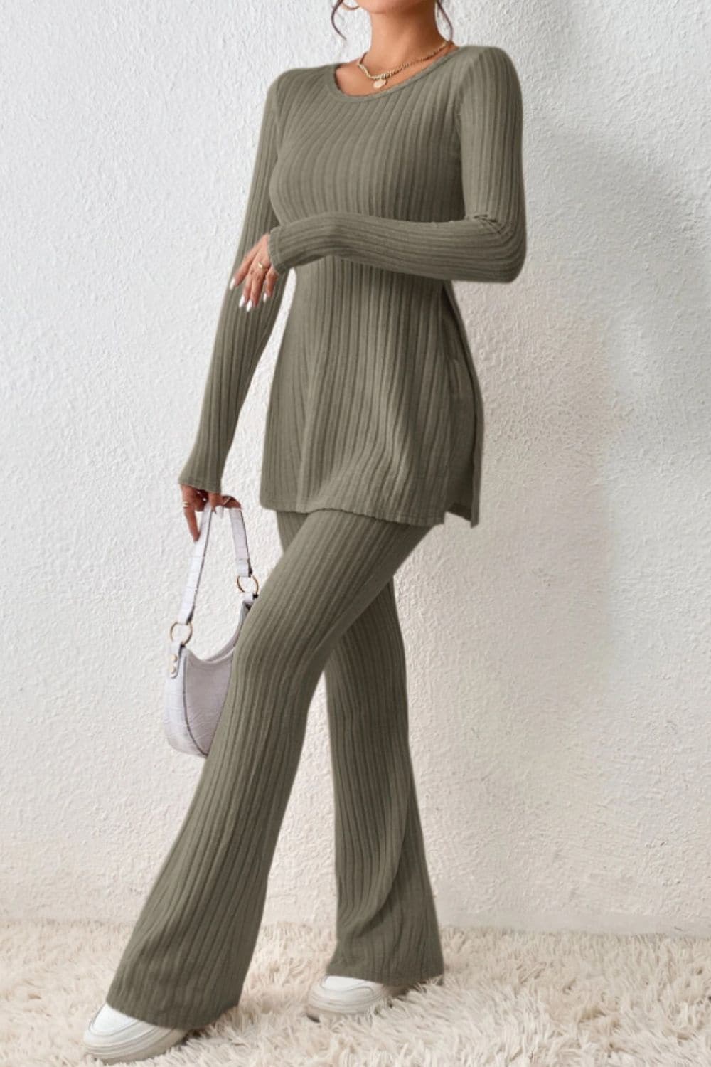 Ribbed Long Sleeve Slit Top and Bootcut Pants Set.