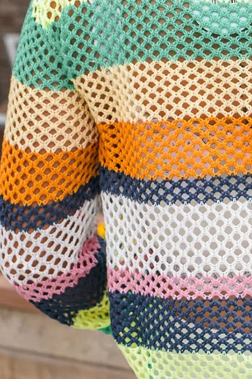 Openwork Color Block Round Neck Knit Top.