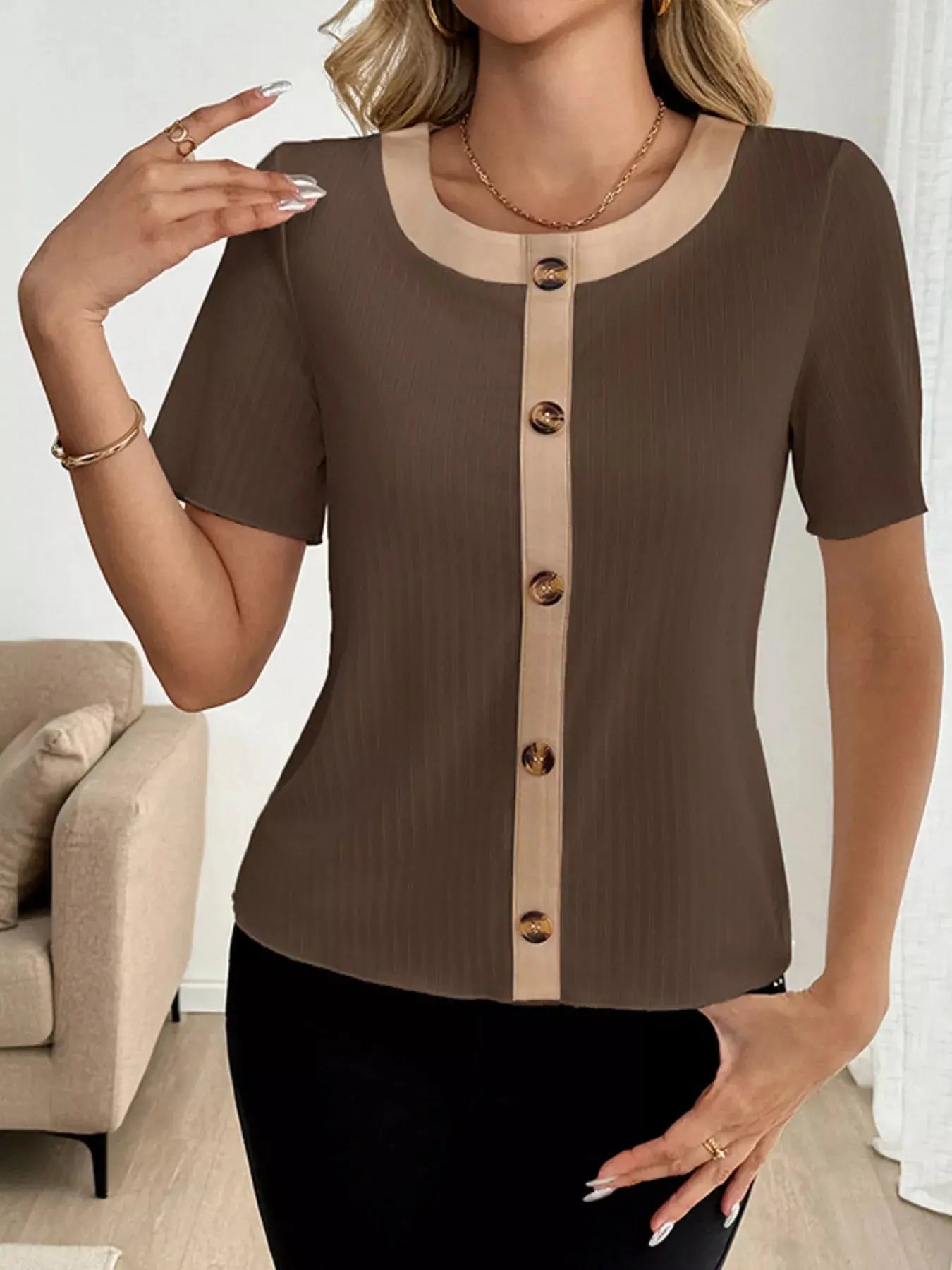 Decor Button Round Neck Short Sleeve Blouse Simply Love