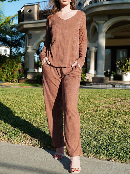 Stylish V-neck top and pants ensemble