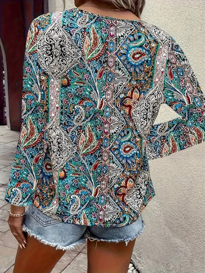 Printed V-Neck Long Sleeve Blouse.