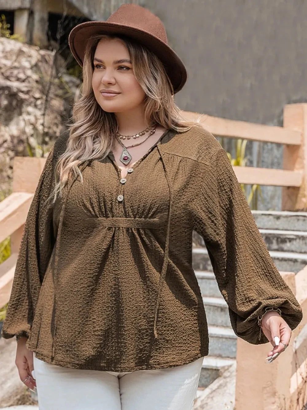 Plus Size Tie Neck Long Sleeve Blouse Coco’s Tee Boutique