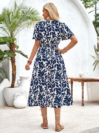 Printed Surplice Short Sleeve Midi Dress.