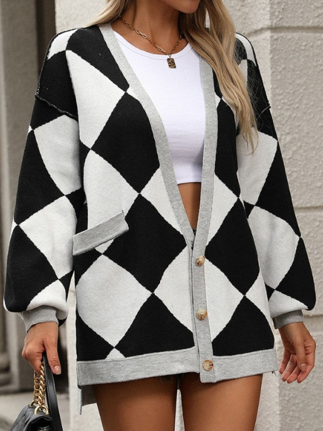 Checkered Dropped Shoulder Long Sleeve Cardigan.