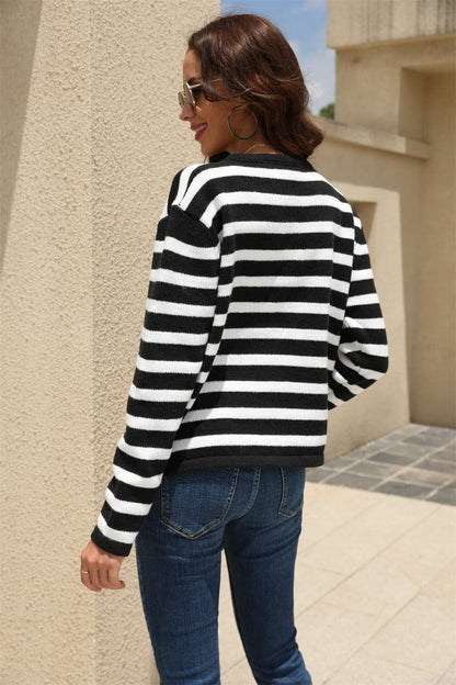 Striped Round Neck Button-Down Dropped Shoulder Cardigan.