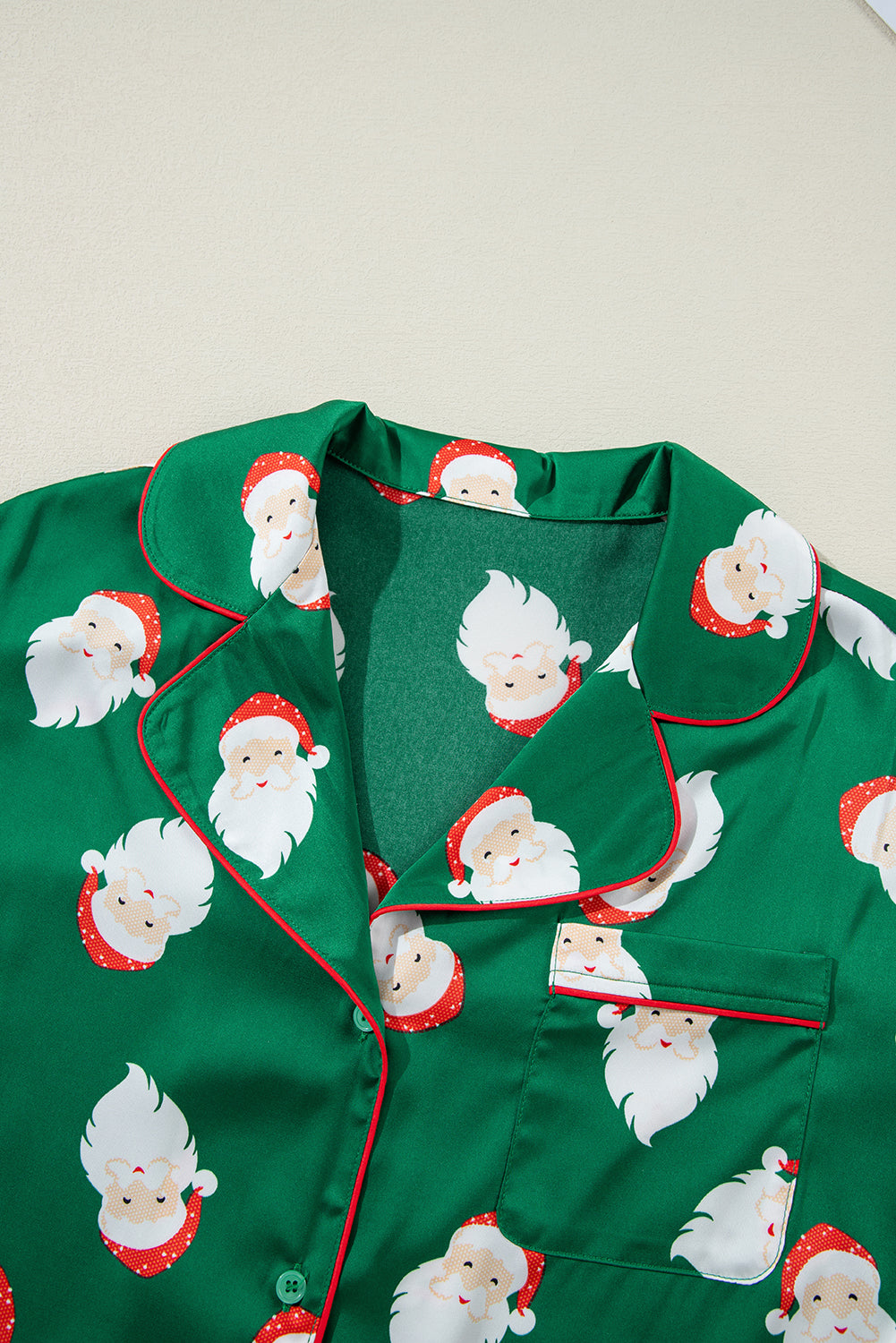 Festive green satin Santa Claus pajama set with shorts