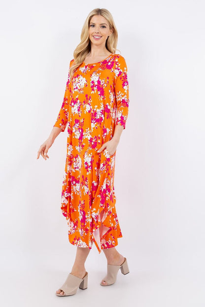 Celeste Full Size Pick-Up Hem Asymmetric Floral Midi Dress.