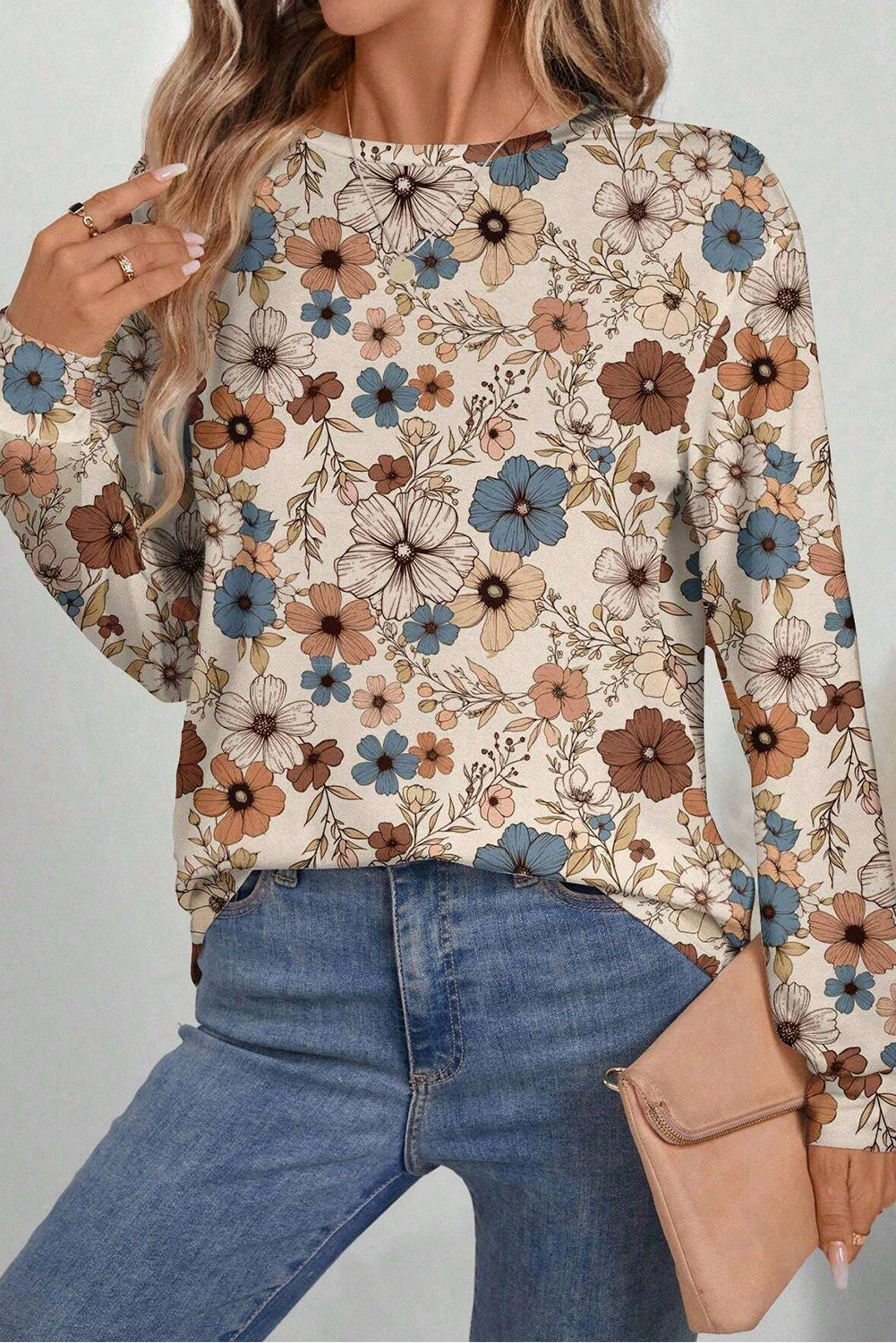 Khaki Floral Print Loose Crew Neck Long Sleeve T Shirt Fashion