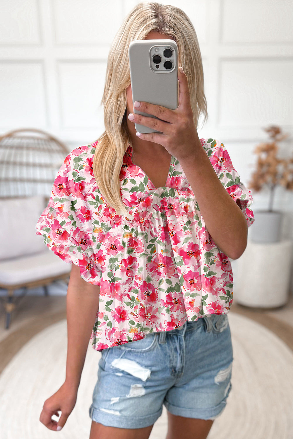 Pink Floral Boxy Fit Ruffled Short Sleeve V Neck Blouse