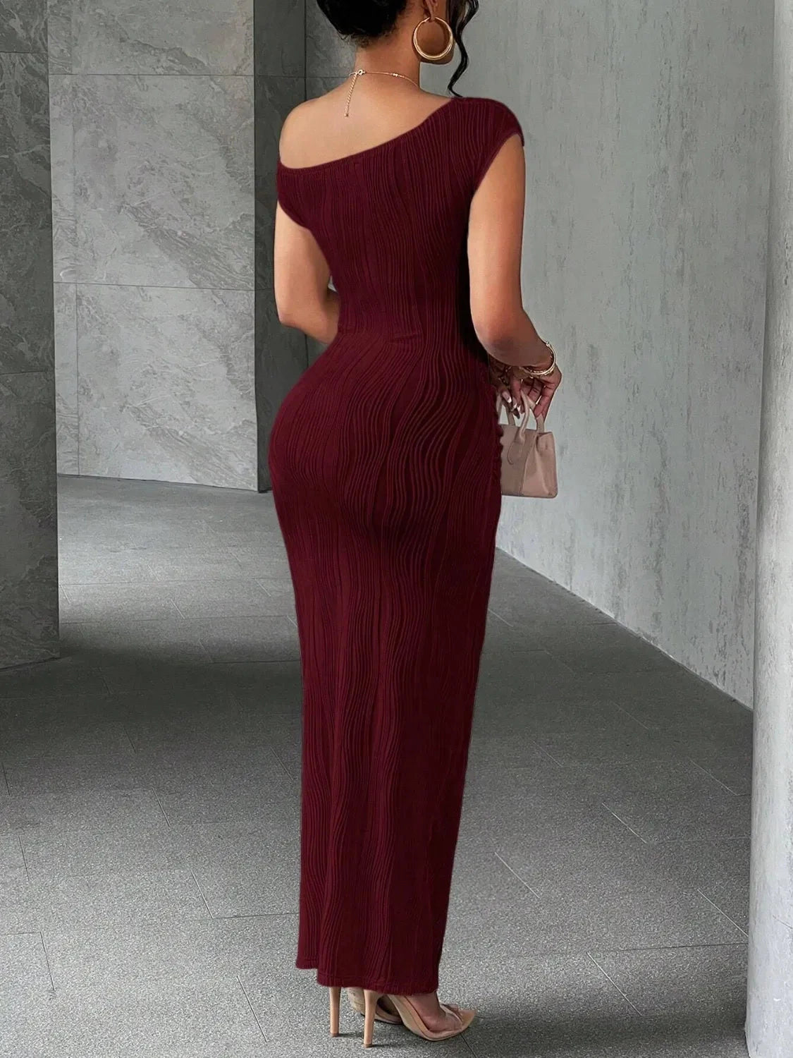 Sculpted Chic One-Shoulder Textured Maxi Dress Coco’s Tee Boutique