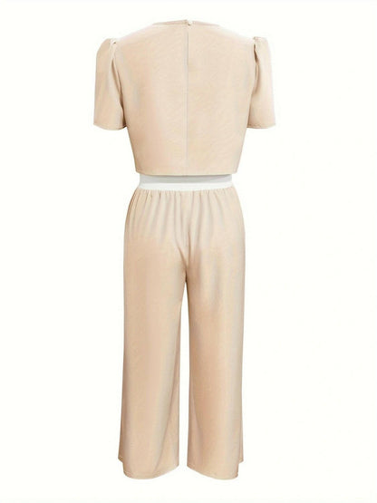 Round Neck Short Sleeve Top and Tied Pants Set.