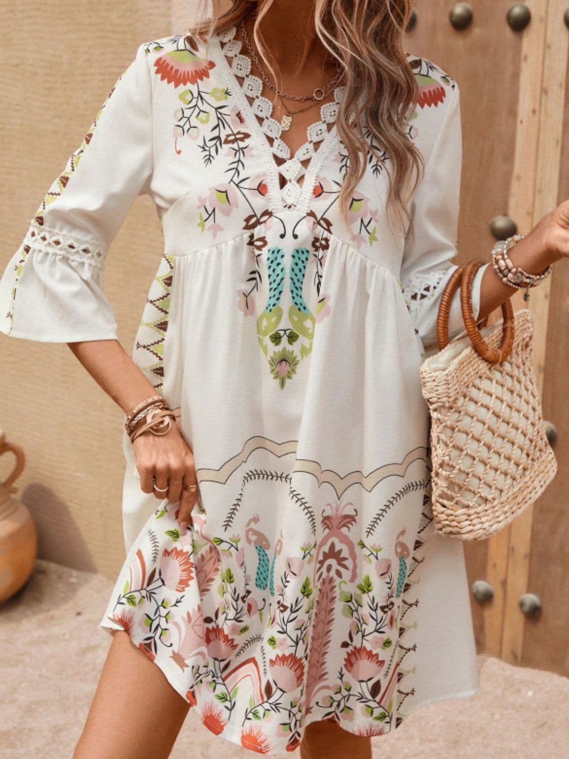 Lace Detail Printed Three-Quarter Sleeve Dress.