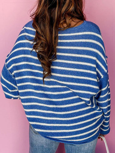 Plus size cozy striped sweater with dropped shoulders