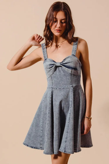 So Me Mineral Washed Bow Ribbon Denim Flare Vintage Dress