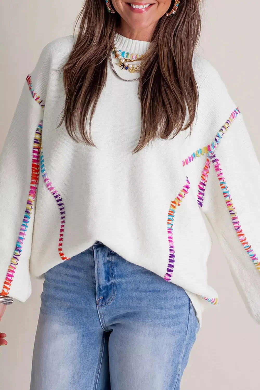 Rainbow Stitching Long Sleeve Relaxed Sweater Simply Love