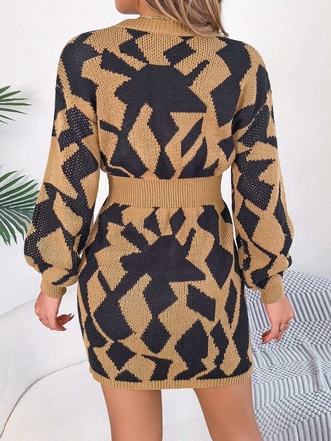 Contrast Round Neck Cutout Long Sleeve Mini Sweater Dress.