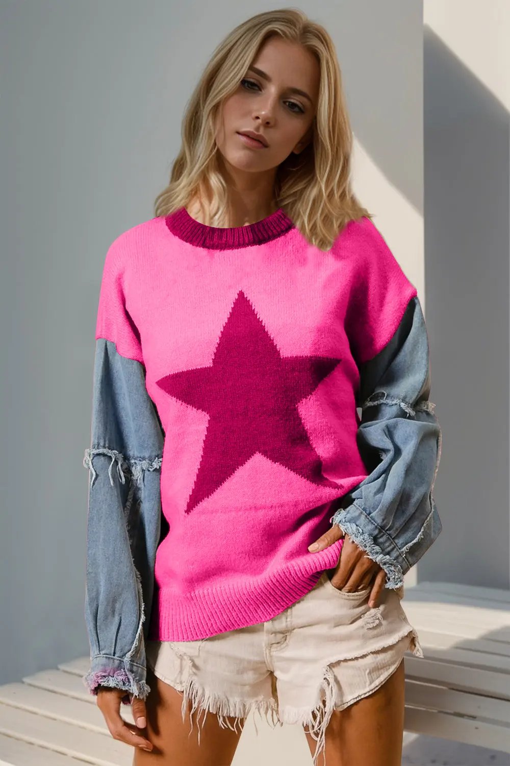 Double Take Full Size Star Pattern Raw Edge Long Sleeve Sweater - Love Salve