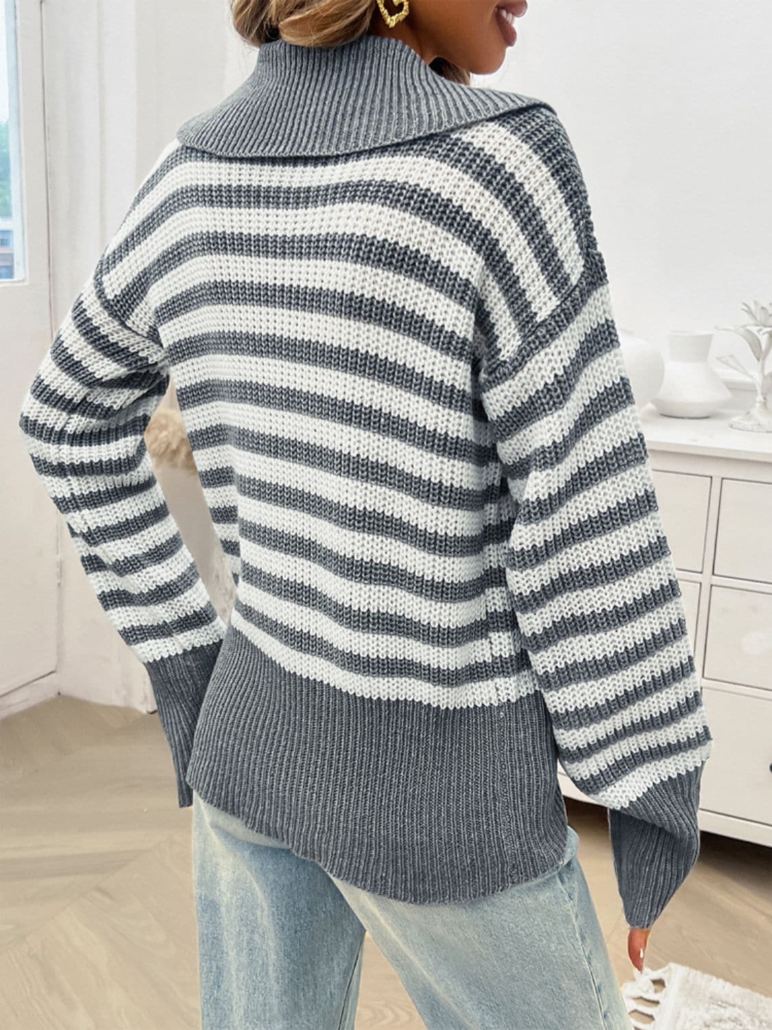 Striped Collared Neck Long Sleeve Sweater.