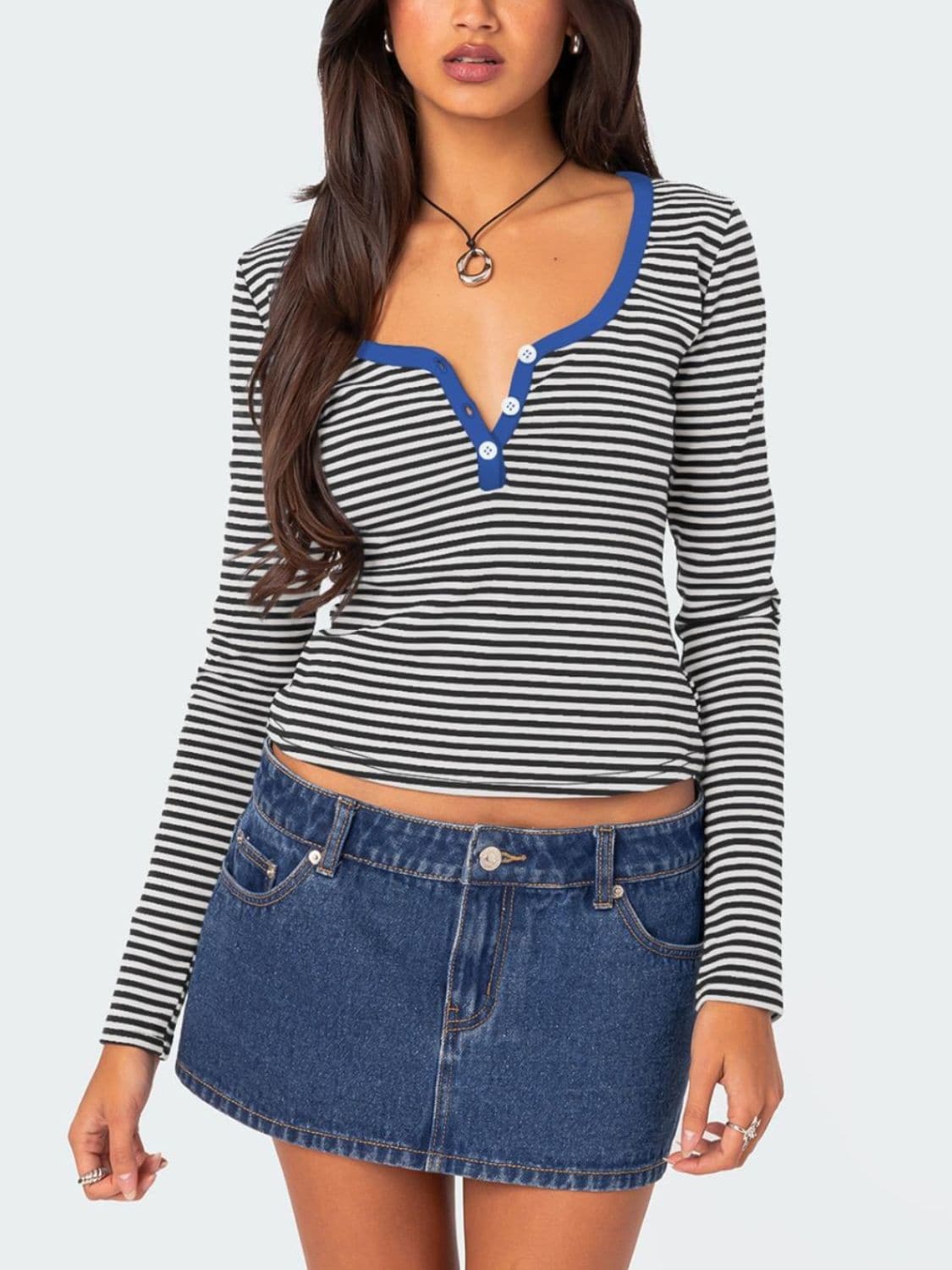 Striped button-up long sleeve tee