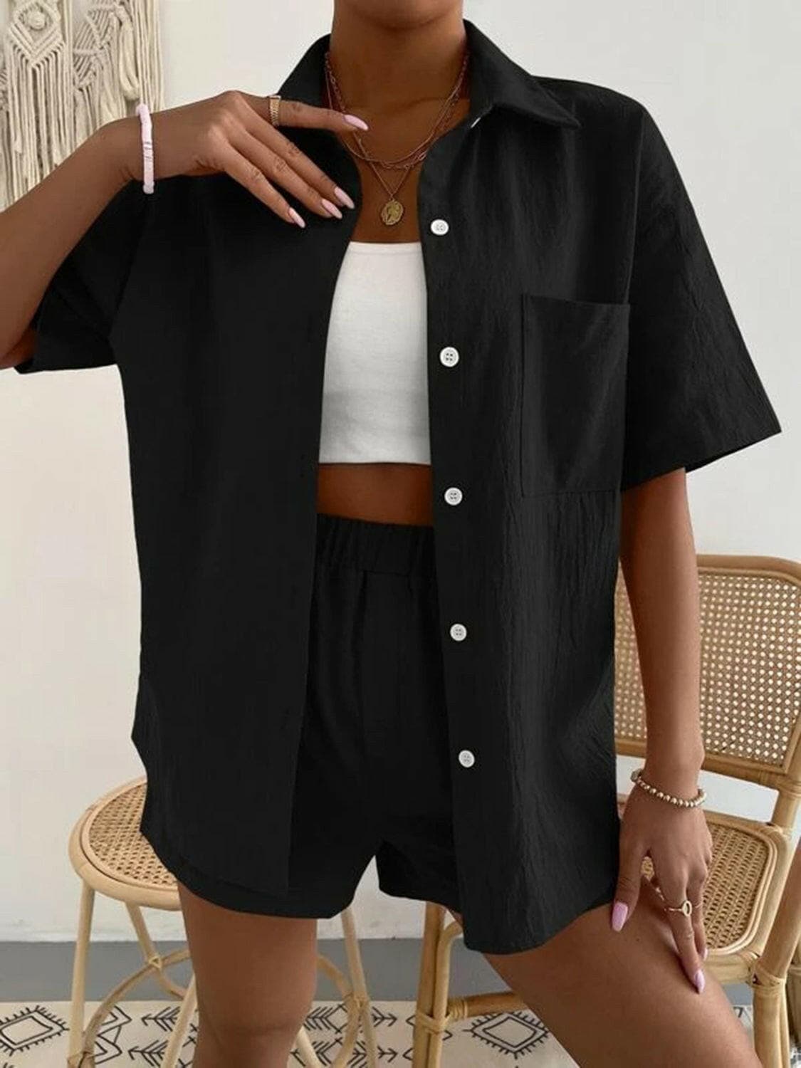 Button Up Short Sleeve Shirt and Shorts Set.