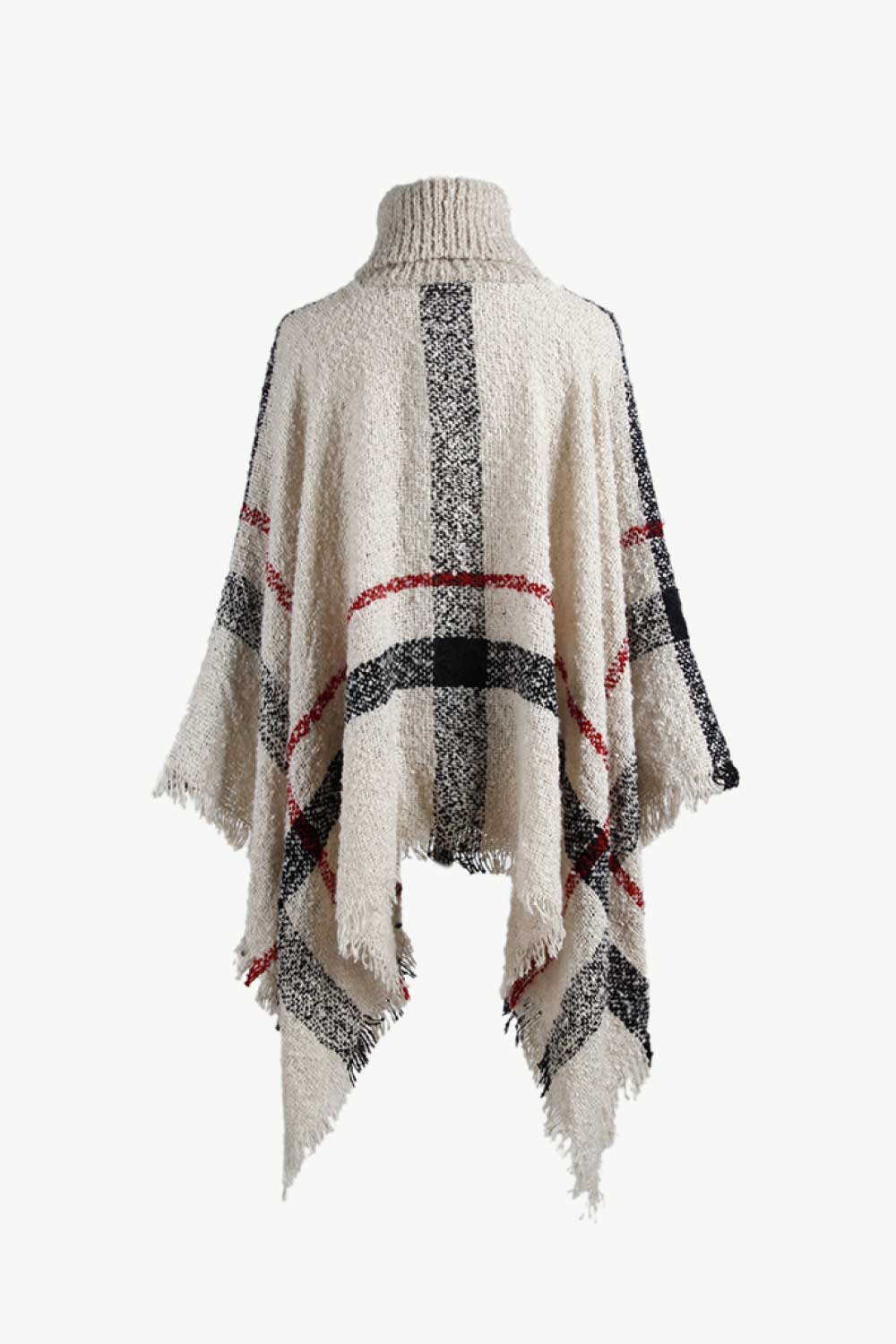 Plaid Turtleneck Raw Hem Poncho.