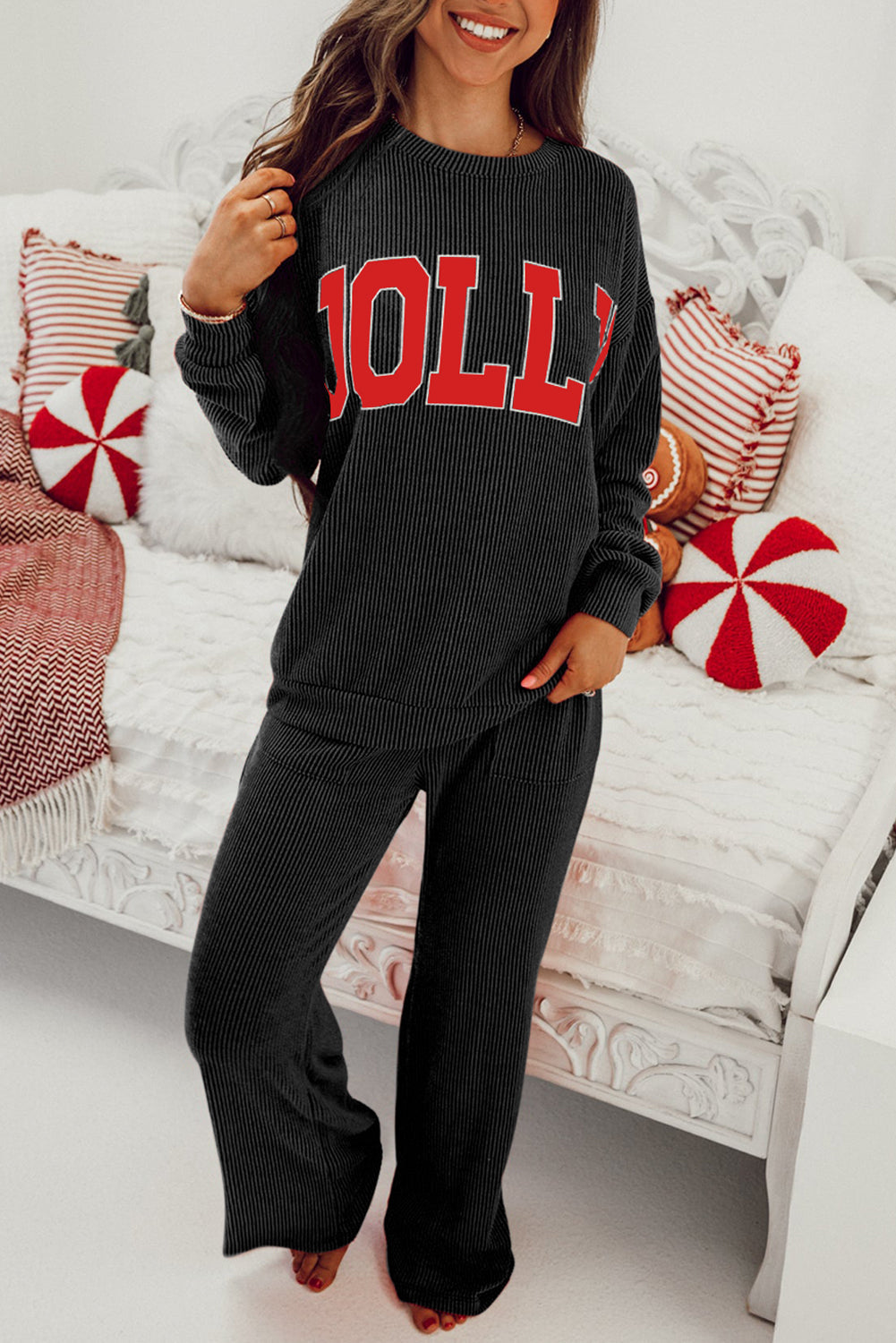 Black Jolly Corded Long Sleeve Top And Pockets Pants Set Dear-Lover Dropshipping
