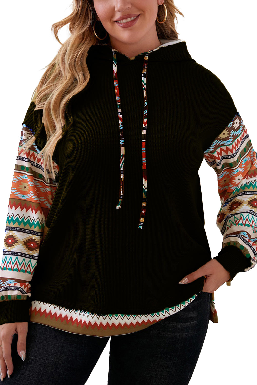 Stylish black hoodie with Aztec patchwork sleeves and drawstring detail