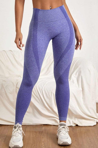 Women's high waist active trousers, solid pattern, slim fit, long length, purple color.