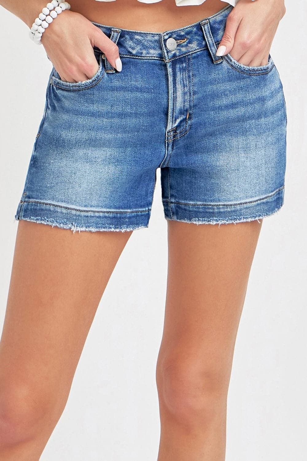 RISEN Low Rise Slit Denim Shorts.