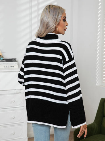 Striped Slit Turtleneck Drop Shoulder Sweater.