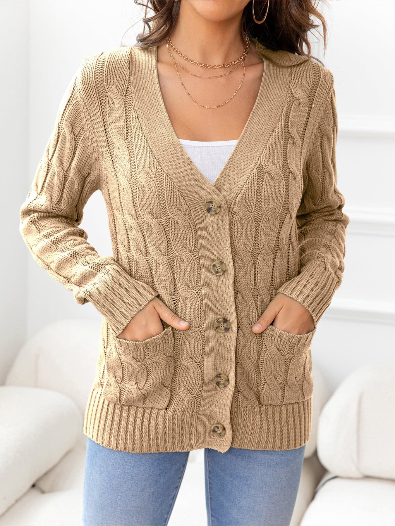 Button Down Cable-Knit Cardigan.