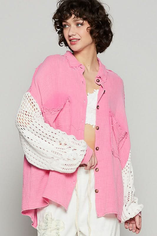 Luxe Openwork Lantern Sleeve Button-Up Gauze Shirt