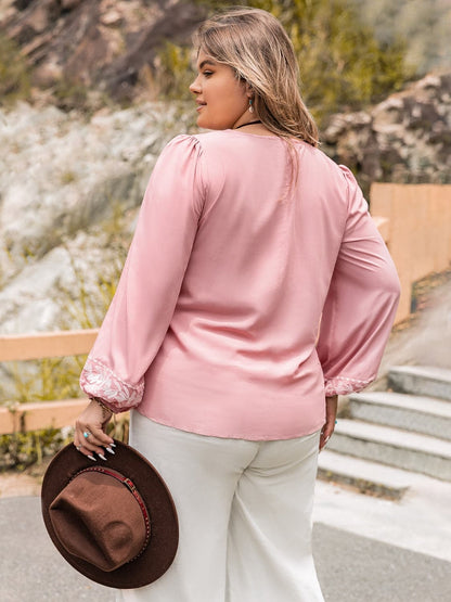 Plus Size Tie Neck Puff Sleeve Blouse.