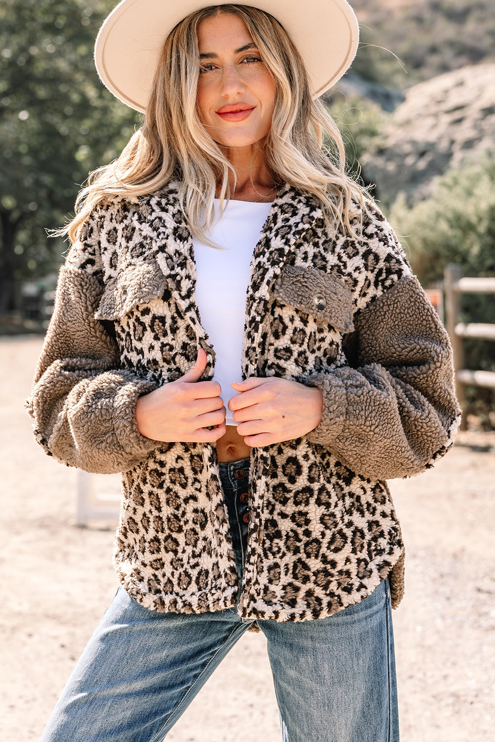 Brown Sherpa Leopard Print Flap Pocket Collared Button Up Jacket With Plush Lining For Winter Warmth Dear-Lover Dropshipping