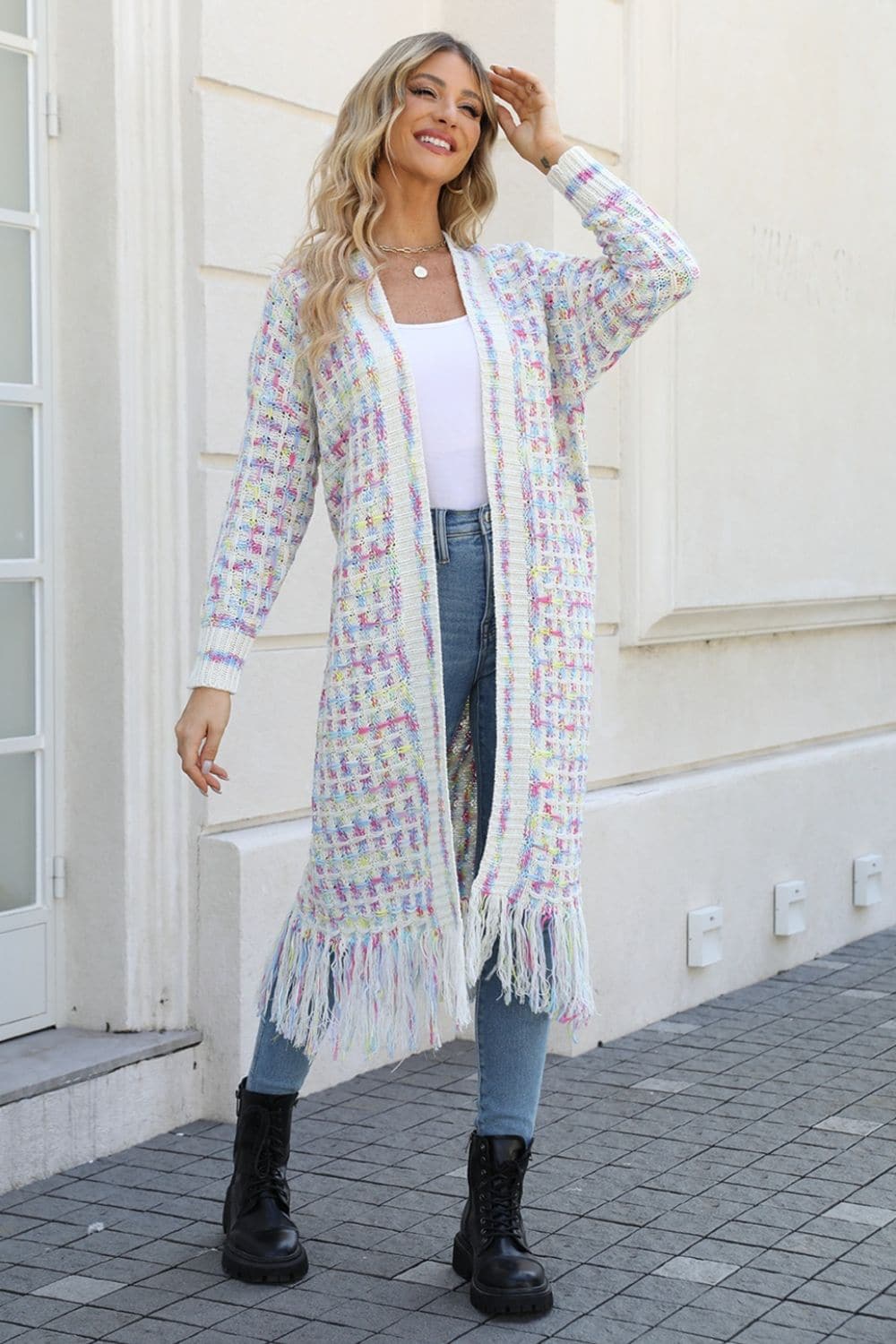 Multicolored Open Front Fringe Hem Cardigan.