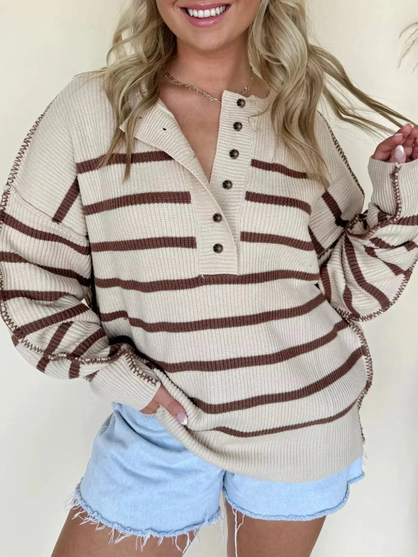 Stripe Ribbed Henley Drop Shoulder Slouchy Sweater Simply Love