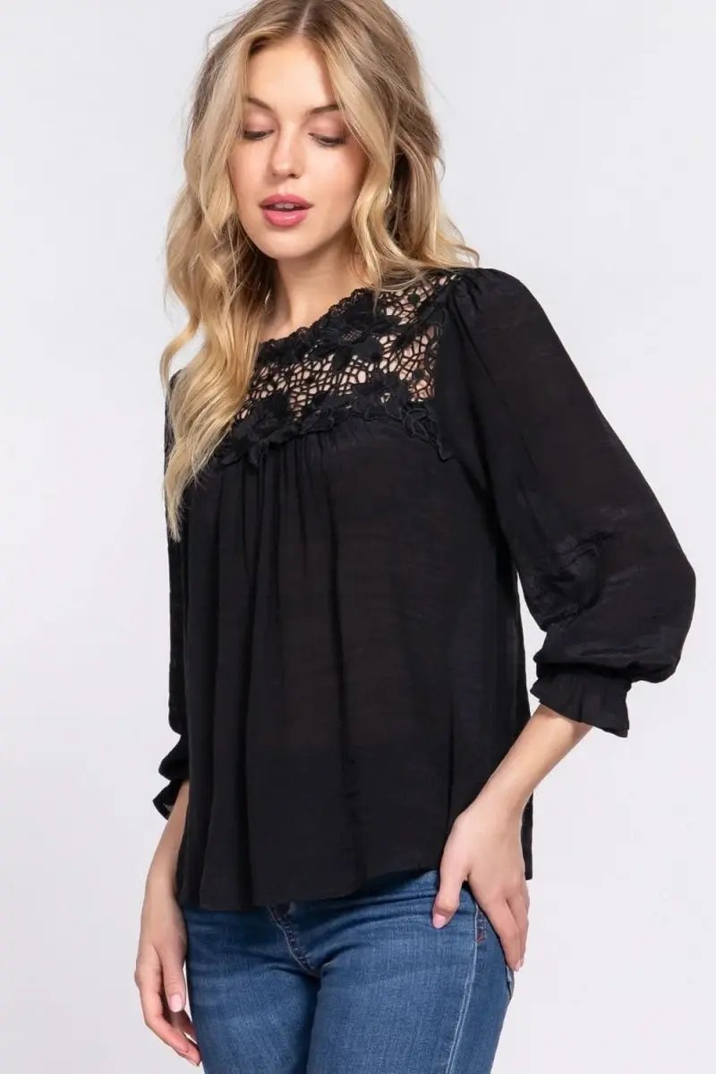 ACTIVE BASIC Crochet Lace Panel Flounce Sleeve Blouse - Love Salve 