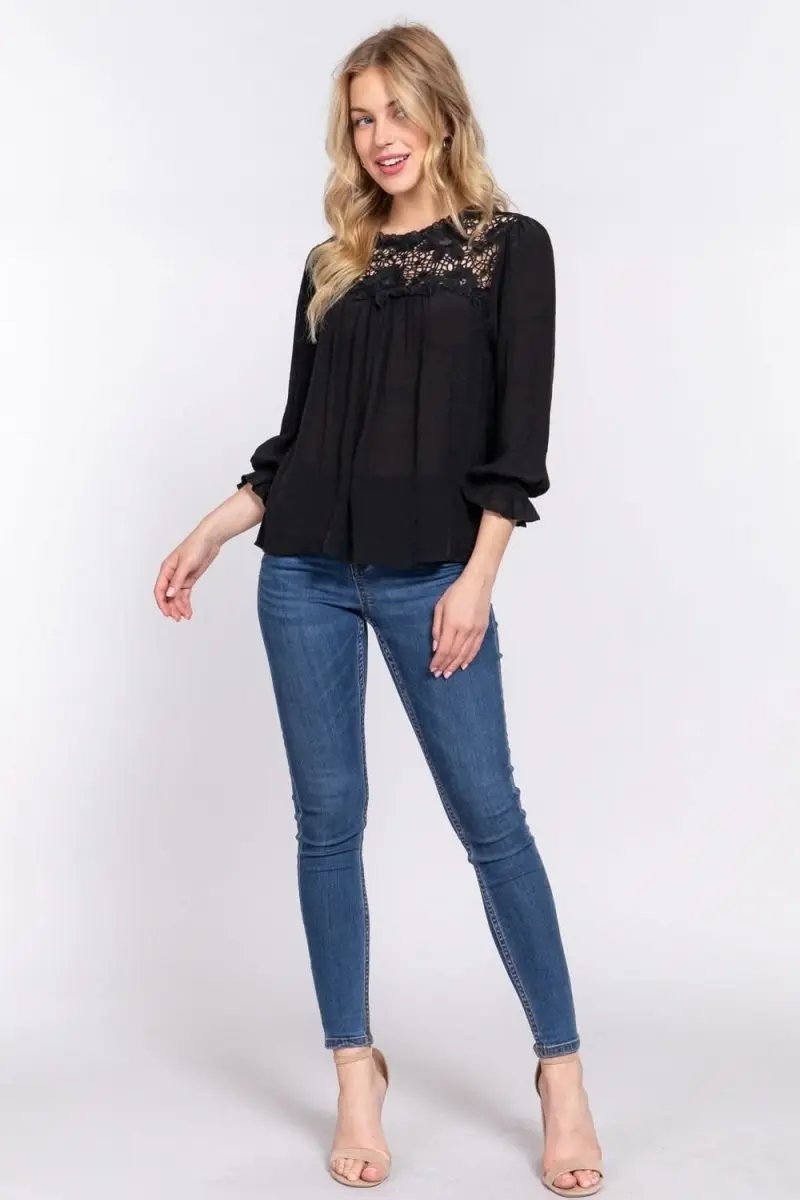 ACTIVE BASIC Crochet Lace Panel Flounce Sleeve Blouse - Love Salve 