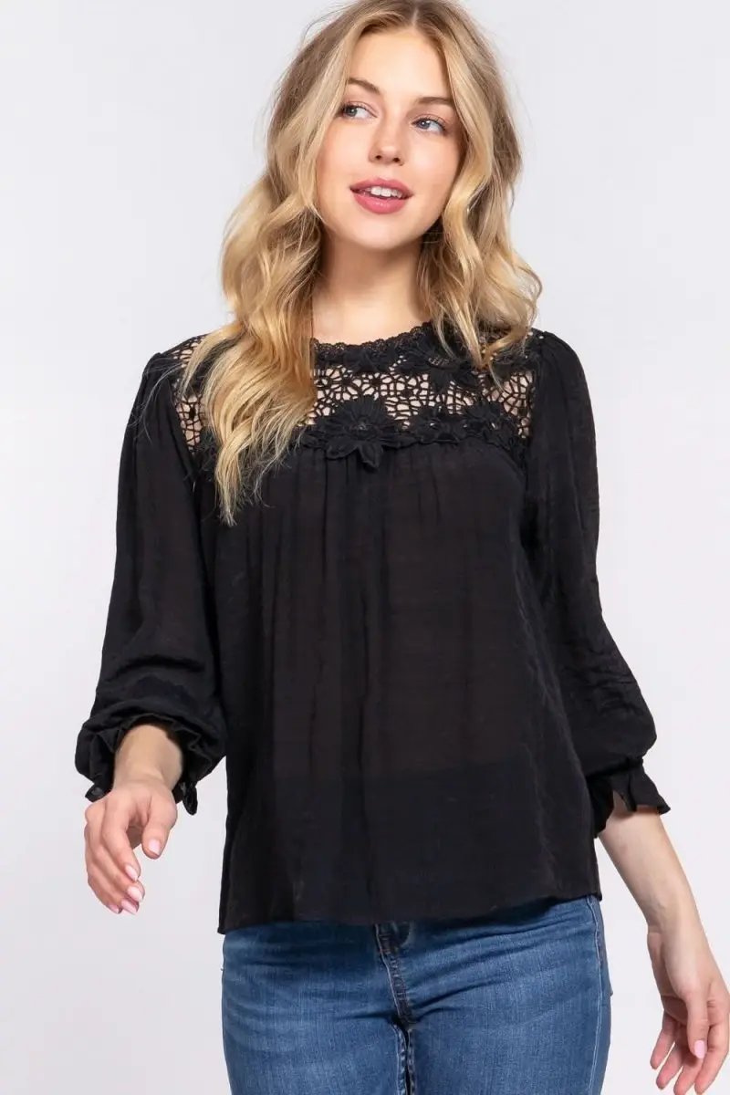 ACTIVE BASIC Crochet Lace Panel Flounce Sleeve Blouse - Love Salve 