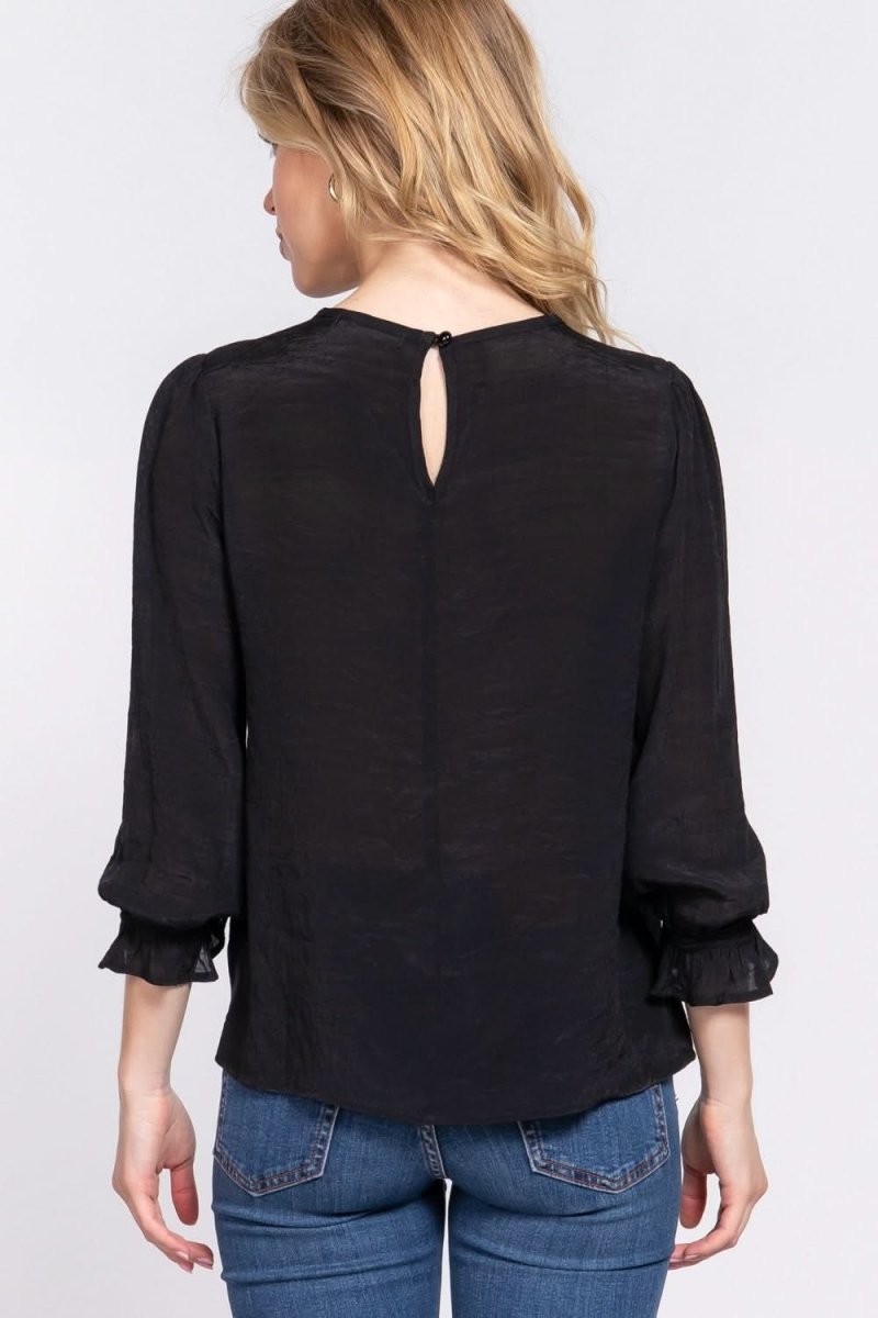 ACTIVE BASIC Crochet Lace Panel Flounce Sleeve Blouse - Love Salve 