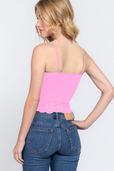 ACTIVE BASIC V - Neck Lace Detail Ribbed Seamless Cami Top - Love Salve