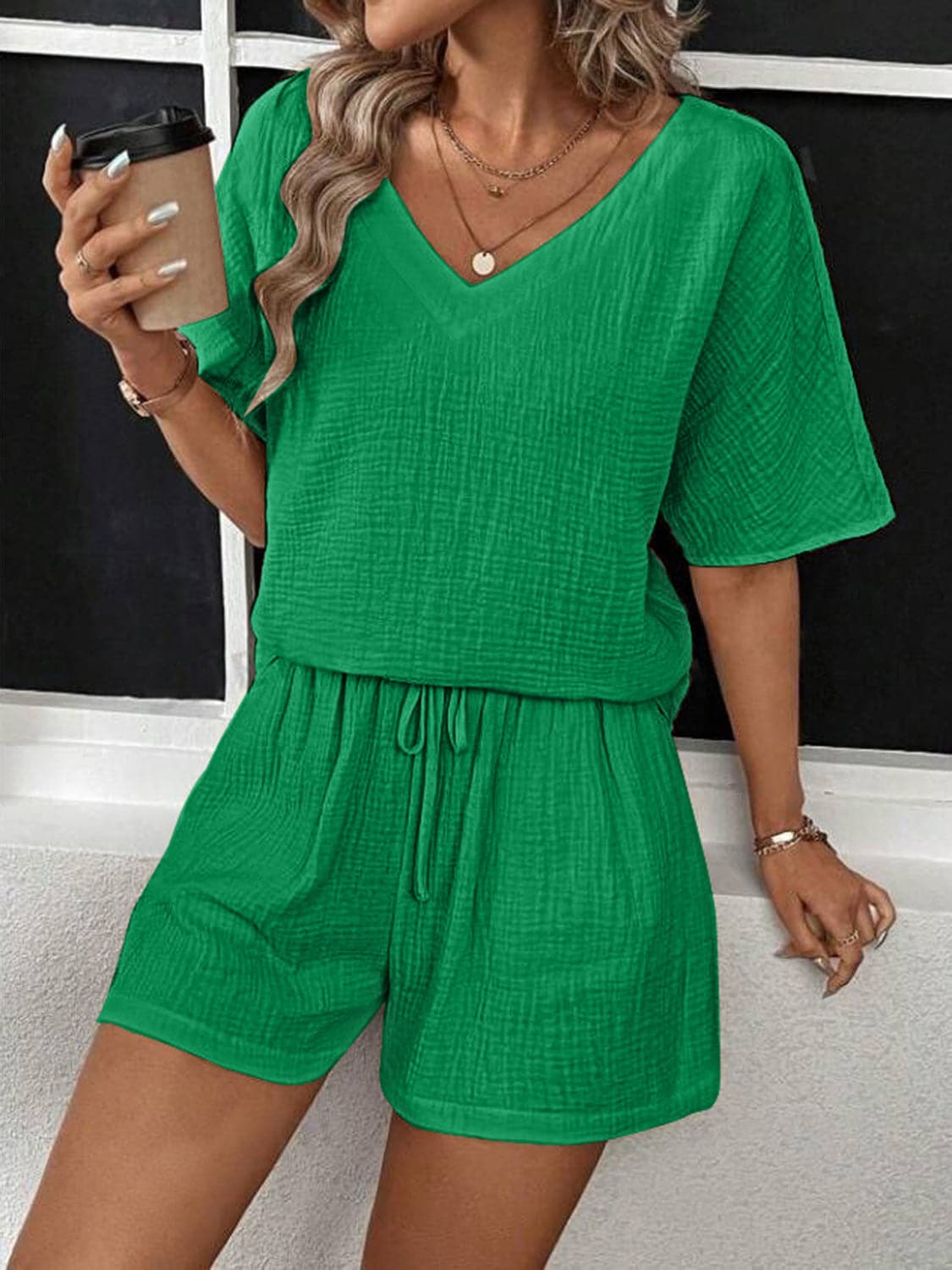 V-Neck Half Sleeve Top and Shorts Set.