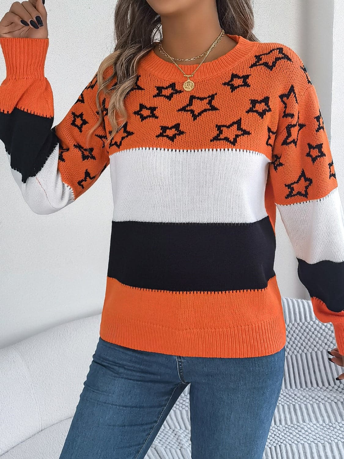 Star Contrast Round Neck Sweater.