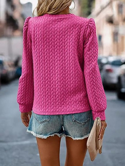 Textured Round Neck Long Sleeve Sweatshirt.